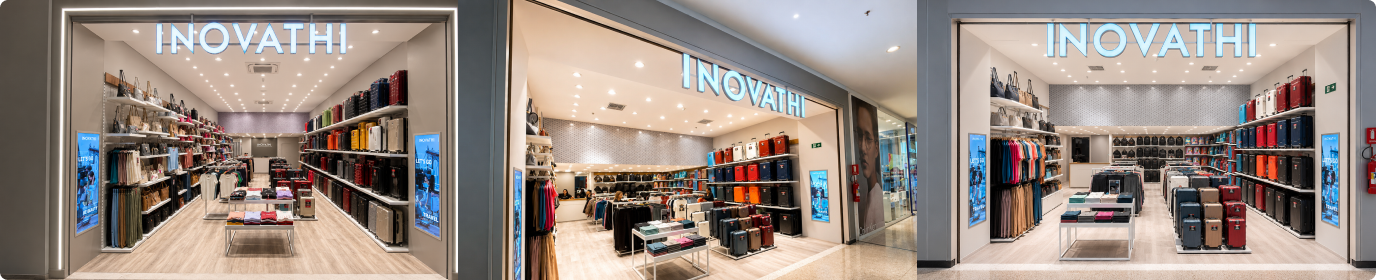 Interior da loja Inovathi com malas, bolsas e acessórios de viagem